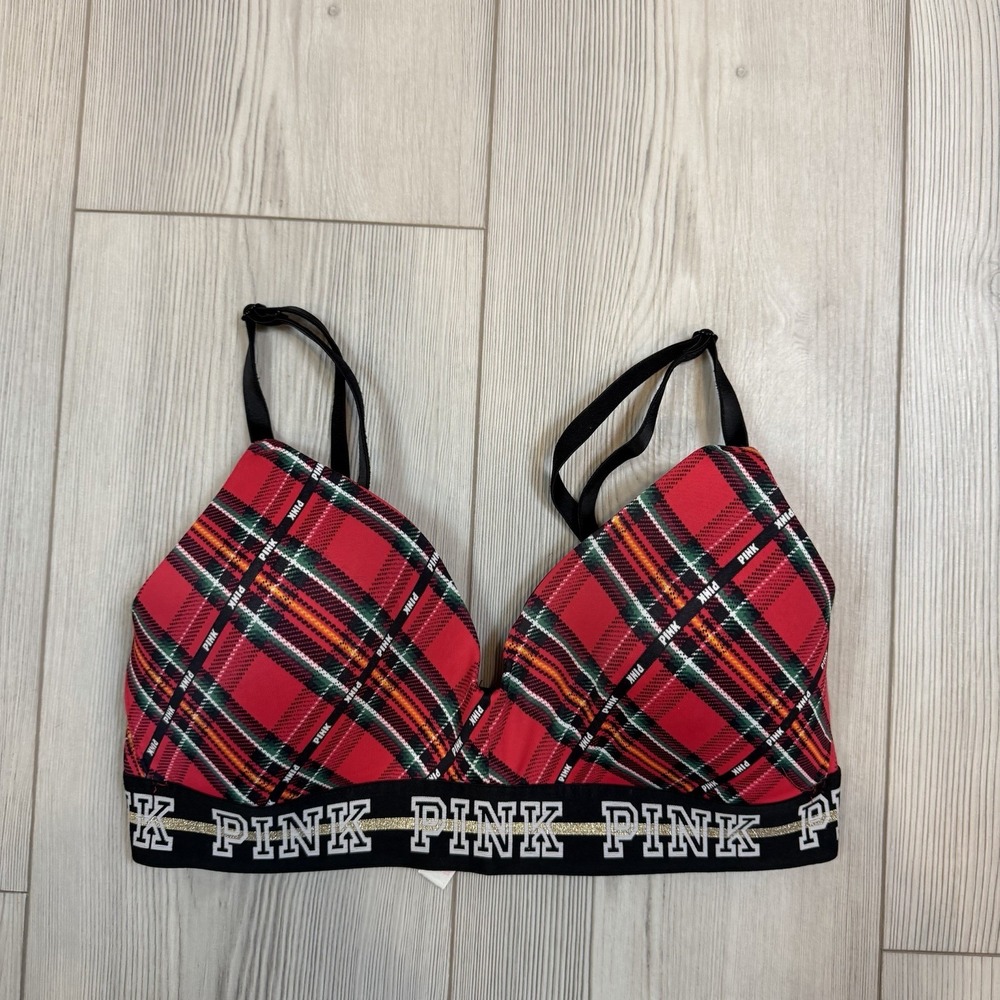 Victoria's Secret PINK Wear Everywhere Bra‎ 34C Red Plaid Wireless Lightly Lined